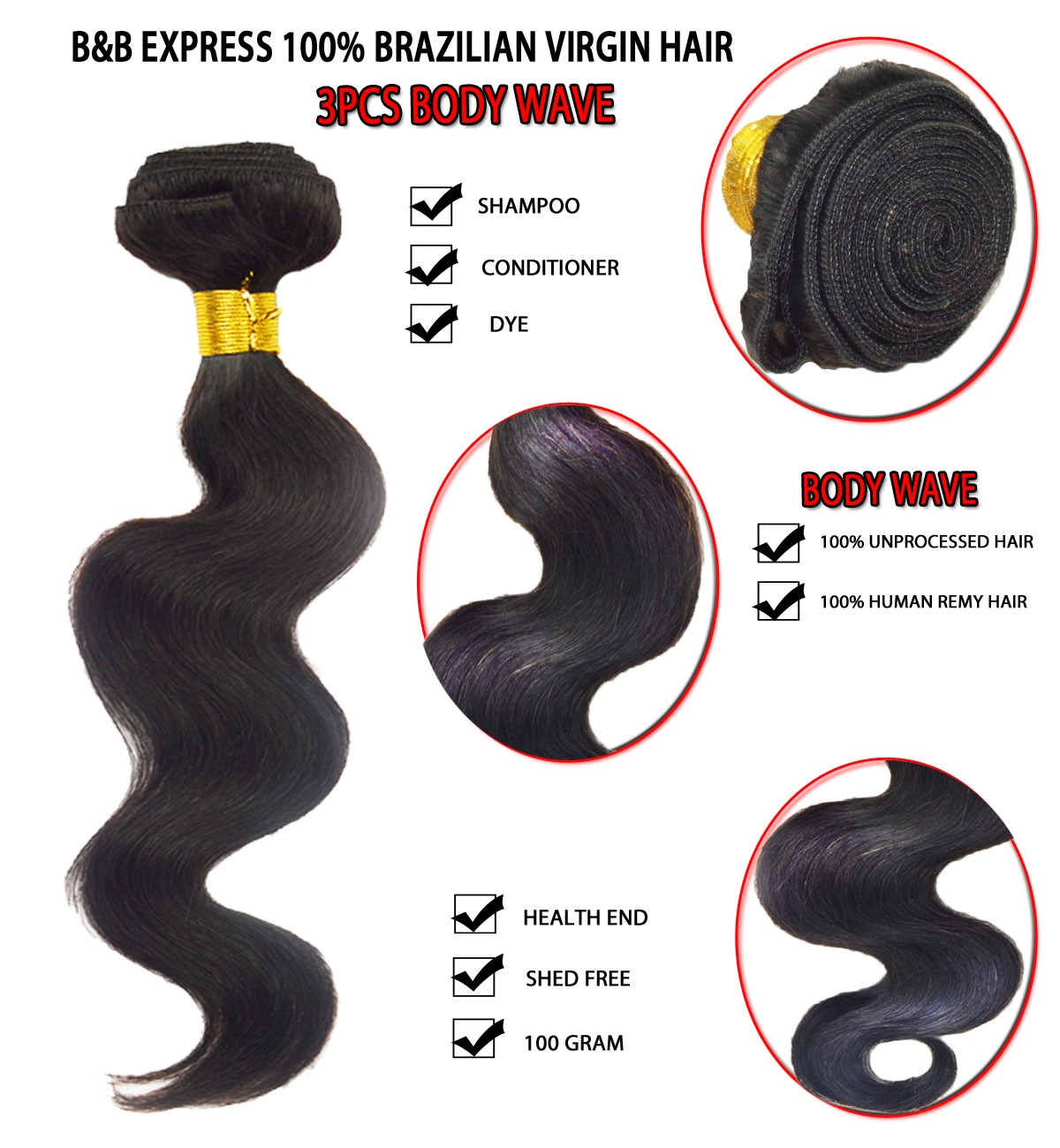 B&b Express 100% Unprocessed Brazilian Remi Human Hair Weave Body Wave